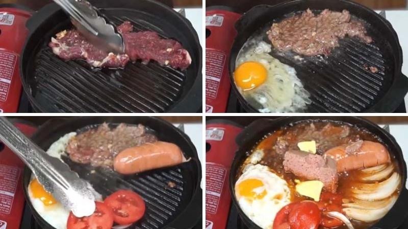 Áp chảo thịt bò và các nguyên liệu trên chảo gang