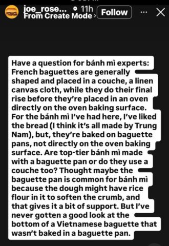 Bài đăng Instagram của Joe Rosenthal hỏi về bánh mì và kỹ thuật nướng kiểu Pháp