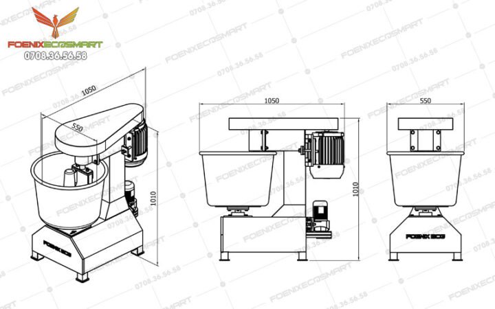 Bản vẽ kỹ thuật 3 mặt dựng Máy Trộn Bột Bánh Mì 8kg 3 Phase FOENIX ECO