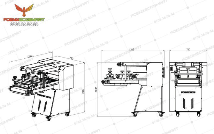 Bản vẽ kỹ thuật chi tiết của máy se bánh mì 6 lô 2 băng FOENIX ECO, thể hiện cấu trúc và kích thước