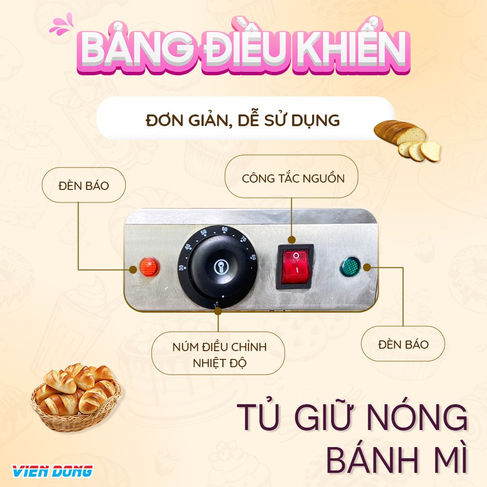 Bảng điều khiển trực quan của tủ giữ nóng bánh mì với nút chỉnh nhiệt độ.
