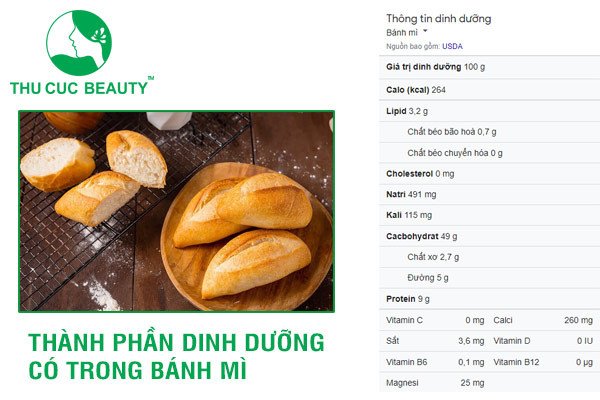 Bảng thành phần dinh dưỡng chi tiết của bánh mì, hỗ trợ phục hồi da