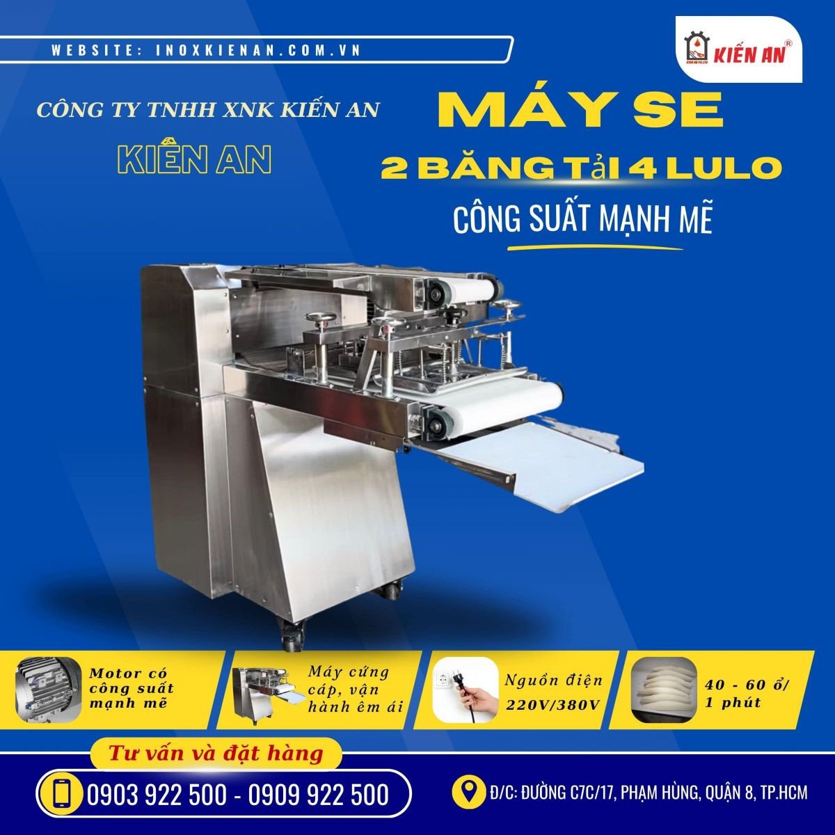 Bảng thông số kỹ thuật chi tiết của máy se bánh mì Kiến An 2 băng tải