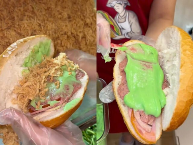 Bánh mì bơ cốm xanh mướt với nhân thịt và rau tươi ngon
