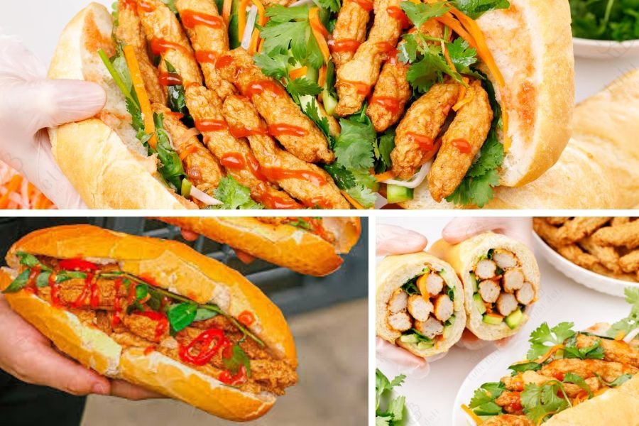 Bánh mì chả cá nóng hổi, kẹp rau răm và sốt cay, đặc trưng vùng biển.