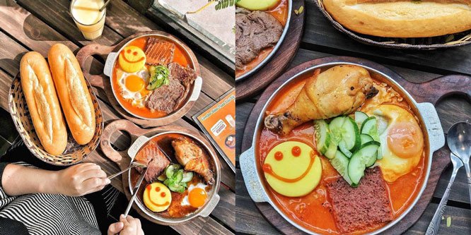 Bánh mì chảo đầy đặn với trứng, xúc xích và rau xanh tại Vũng Tàu