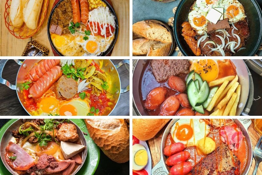 Bánh mì chảo phục vụ trong chảo gang nóng với trứng, pate, xúc xích.