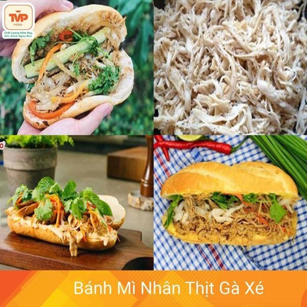 Bánh mì nhân thịt gà xé đậm đà, với thịt gà mềm và rau tươi