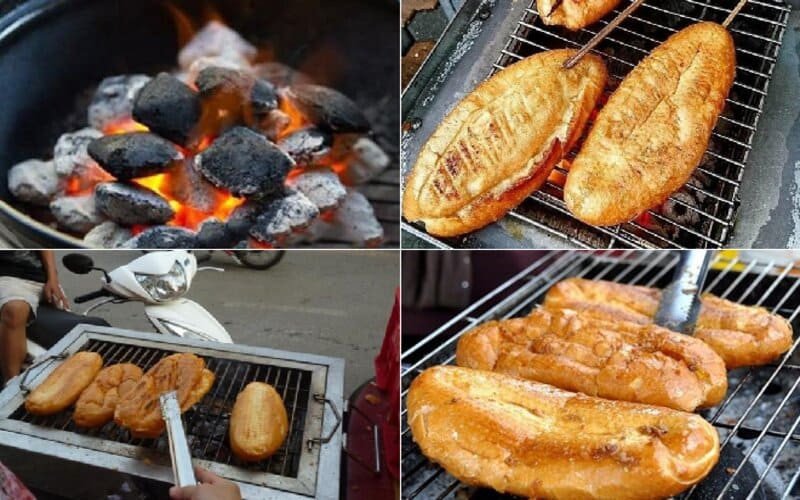 Bánh mì nướng trên lò than củi với lớp vỏ vàng giòn, hấp dẫn, thể hiện hương vị đặc trưng.