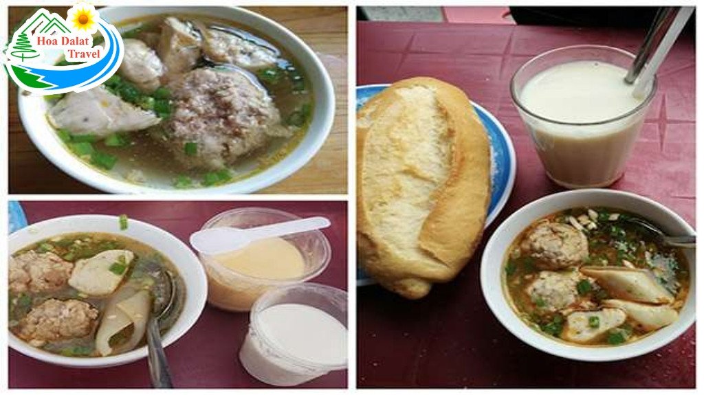 Bánh mì xíu mại đầy đủ với xíu mại, da heo, chả quế và ổ bánh mì nóng