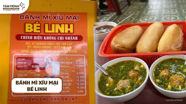 Bánh mì xíu mại Linh Đà Lạt nóng hổi cùng chén nước dùng thơm ngon đặc trưng.
