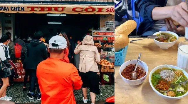 Bánh mì xíu mại Thu Còi với topping đa dạng như da heo và chả quế, làm phong phú thêm hương vị