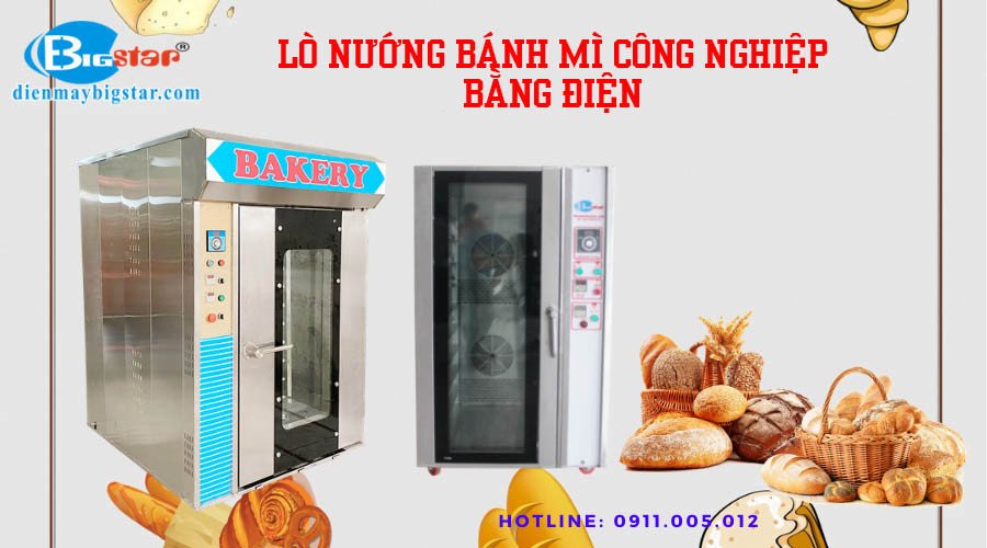 Banner quảng cáo lò nướng bánh mì công nghiệp bằng điện, với hình ảnh những ổ bánh mì vàng giòn.