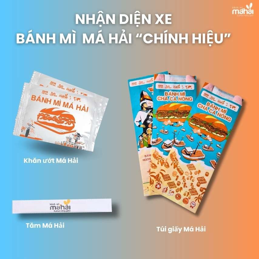 Bao bì túi giấy và khăn lạnh có in bánh mì Má Hải logo đảm bảo vệ sinh