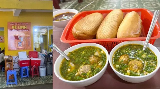 Bát bánh mì xíu mại Bé Linh với đầy đủ xíu mại, chả quế, và da heo, ăn kèm bánh mì giòn