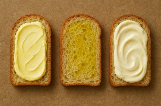 bơ, dầu ăn, dầu ô liu, mayonnaise trên lát bánh mì