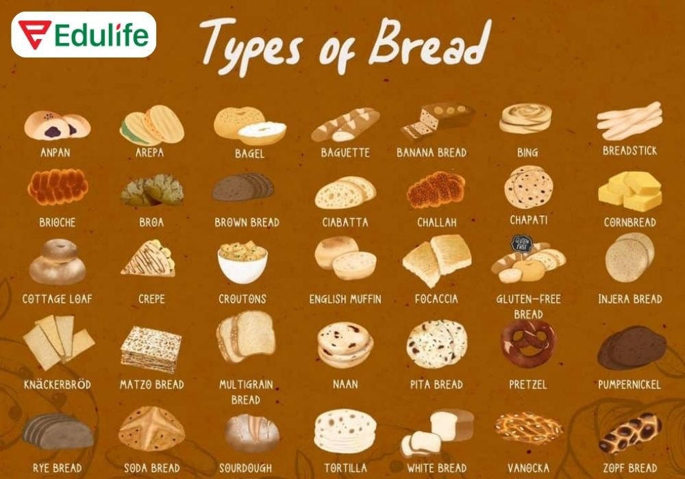 Bộ sưu tập các loại bánh mì đa dạng như croissant, bagel, và bánh mì kẹp, với tên gọi chuẩn xác trong tiếng Anh.