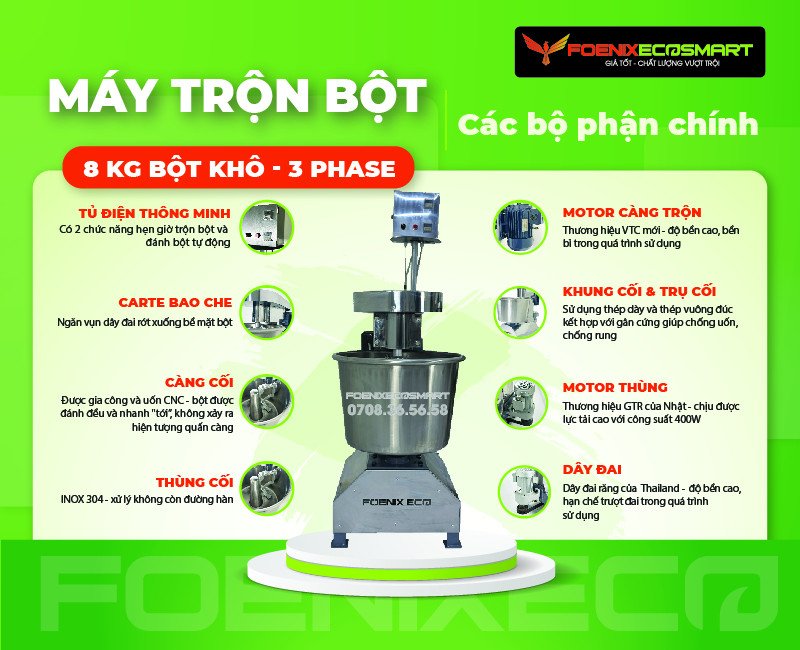 Các bộ phận chính Máy Trộn Bột Bánh Mì 8kg 3 Phase FOENIX ECO