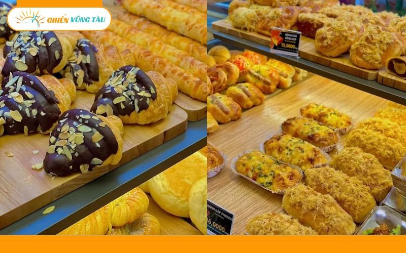 Các loại bánh ngọt và bánh kem đa dạng tại quầy của tiệm Gia Hân