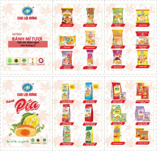 Các loại bánh và sản phẩm đa dạng từ thương hiệu bánh mì tươi Cao Lợi Hưng, thể hiện sự phát triển của công ty