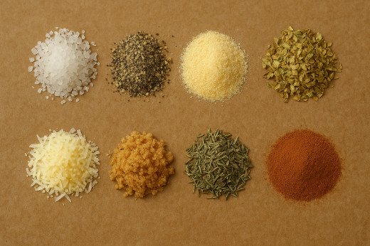 các loại gia vị như muối, tiêu, tỏi bột, bột hành tây, lá oregano