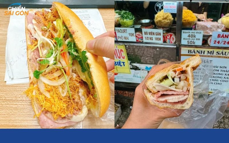 Các loại nhân đa dạng như thịt, chả lụa và rau sống chuẩn bị cho bánh mì Sáu Minh