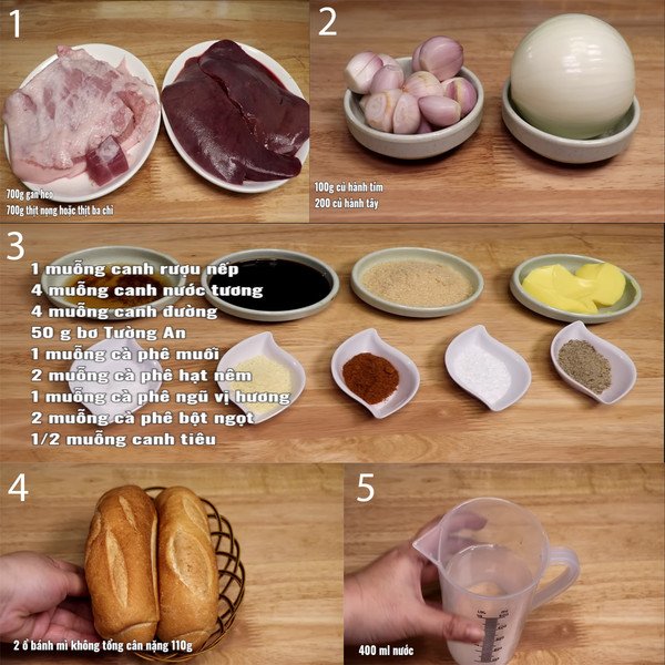 Các nguyên liệu chuẩn bị trước khi làm bánh mì pate tại nhà, bao gồm gan heo, thịt, hành, bánh mì, và gia vị.