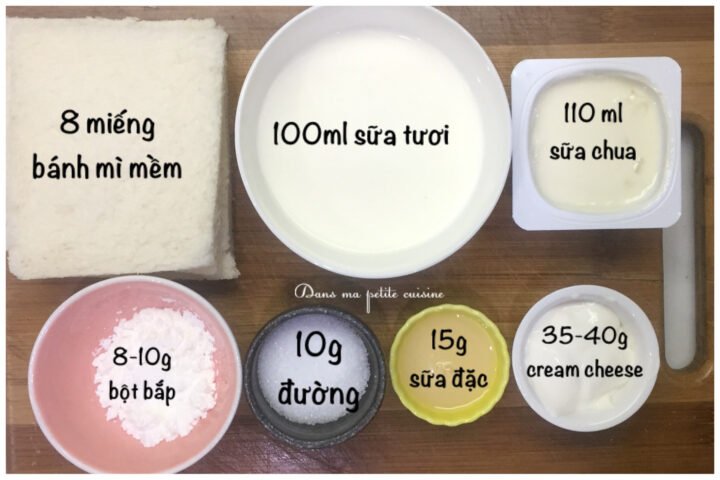 Các nguyên liệu cơ bản chuẩn bị làm bánh mì sữa chua phô mai gồm sữa, đường, cream cheese và sữa chua