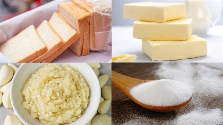 Các nguyên liệu cơ bản để chuẩn bị làm bánh mì bơ tỏi bằng chảo, bao gồm bánh mì, bơ, tỏi và gia vị