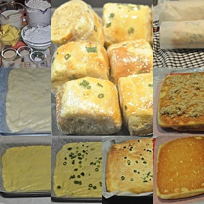 Các nguyên liệu cơ bản để làm vỏ bánh mì cuộn trứng như bột mì, trứng gà, men nở và bơ.