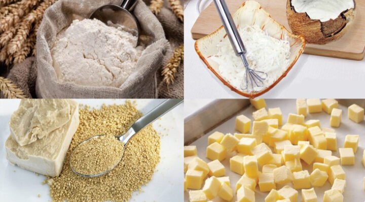 Các nguyên liệu làm vỏ bánh mì Hà Nội nhân dừa chuẩn bị sẵn sàng