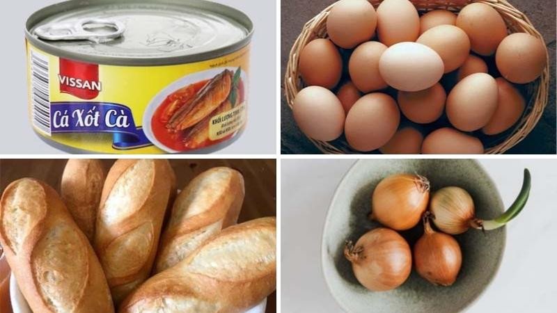 Các nguyên liệu tươi ngon chuẩn bị cho món chảo bánh mì chảo cá hộp đơn giản.