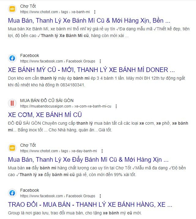 Các trang web trực tuyến hiển thị danh sách thanh lý xe bánh mì cũ