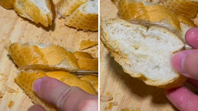 Cắt bánh mì để nướng bánh mì bơ đường bằng nồi chiên không dầu