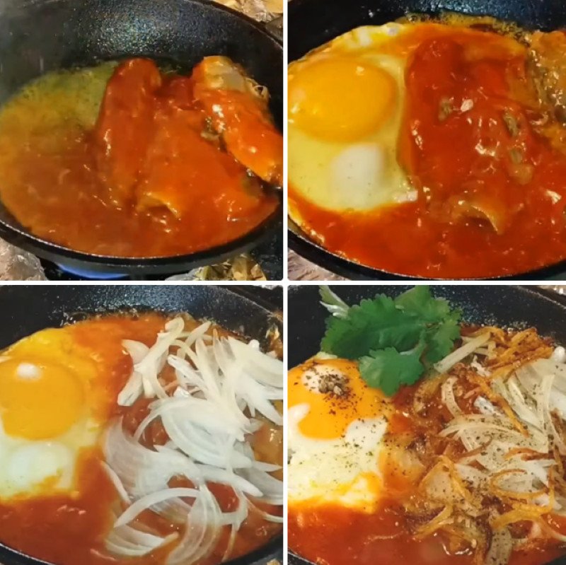 Chế biến cá hộp và trứng ốp la trên chảo nóng cho bữa sáng