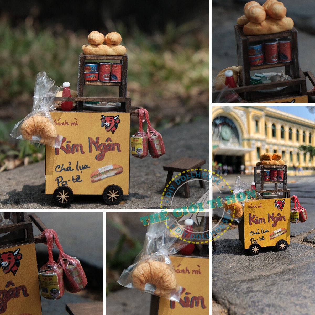 Chi tiết mô hình xe đẩy bánh mì Sài Gòn xưa, thể hiện sự đơn sơ nhưng hiệu quả của gánh hàng rong.