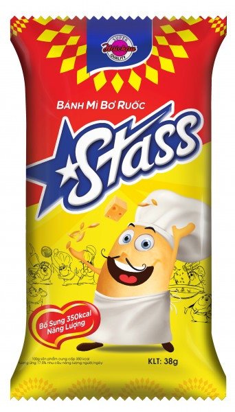 Chiếc bánh mì bơ ruốc Hải Châu Stass 38g với lớp nhân bơ sữa và ruốc hấp dẫn