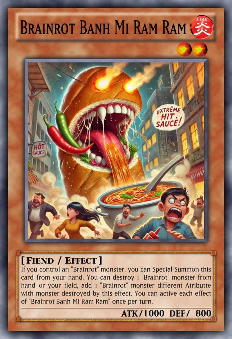 Chiếc bánh mì meme với khuôn mặt khó hiểu, thể hiện đặc trưng của hiện tượng "brainrot" liên quan đến quái vật bánh mì gam gam.