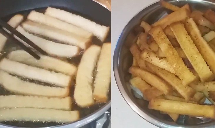 Chiên giòn bánh mì cũ trong chảo dầu nóng