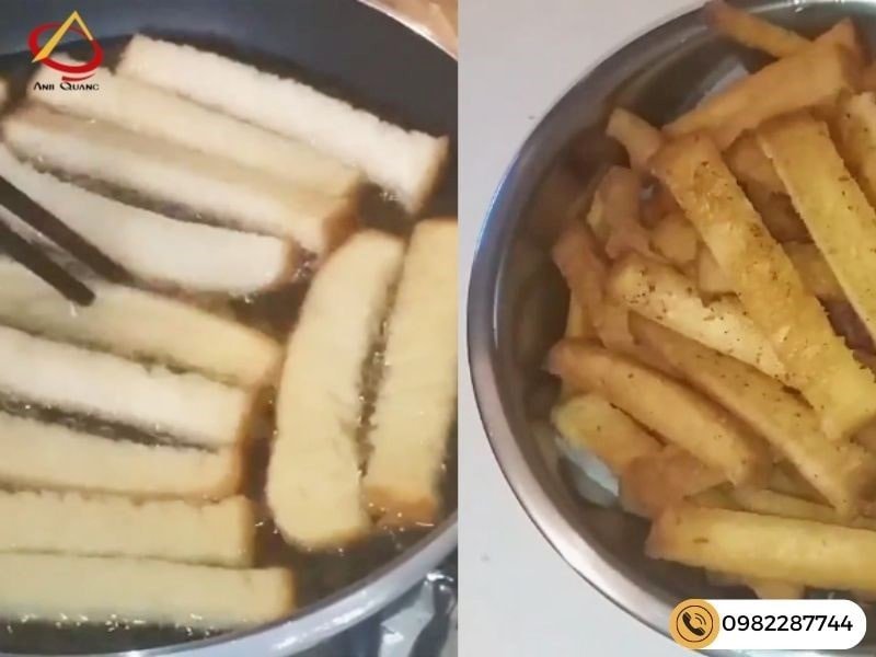 Chiên giòn từng miếng bánh mì vàng đều cho món bánh mì tẩm đường