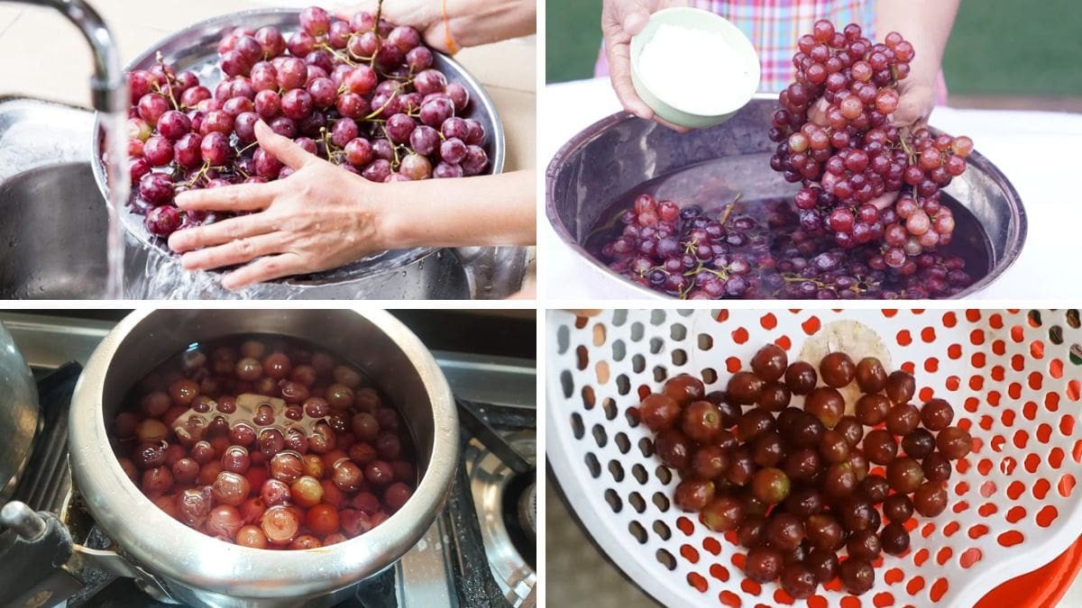 Chuẩn bị nho tươi để làm mứt nho khô ăn bánh mì