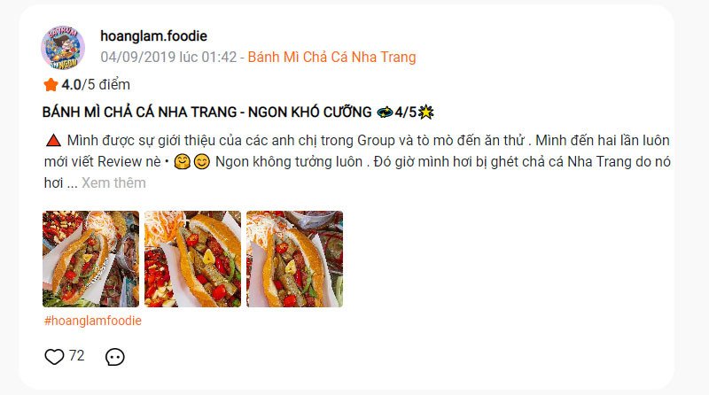 Đánh giá thực tế của bánh mì chả cá Nha Trang Nguyễn Thị Minh Khai 1