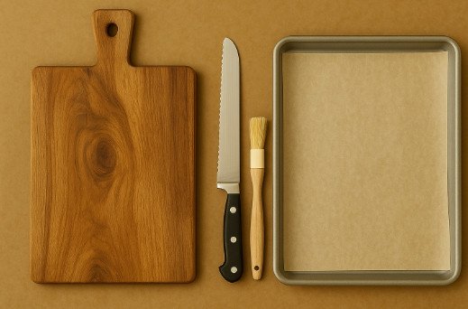 dao sắc, thớt, bàn chải phết bơ để chuẩn bị bánh mì