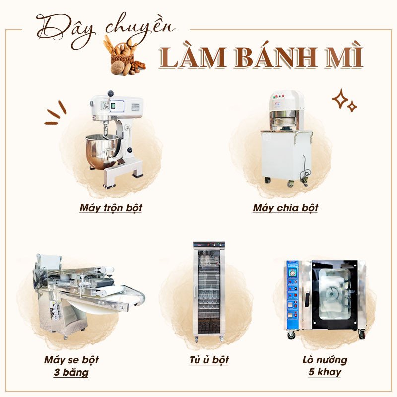 Dây chuyền làm bánh mì chuyên nghiệp kết hợp lò nướng đối lưu, máy trộn và tủ ủ bột