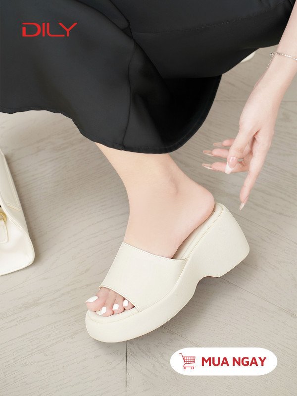 Dép bánh mì fashion đế cao quai ngang màu kem trang nhã