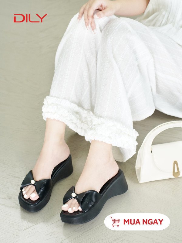 Dép bánh mì fashion đế cao quai nơ đính ngọc trai phối cùng váy điệu đà