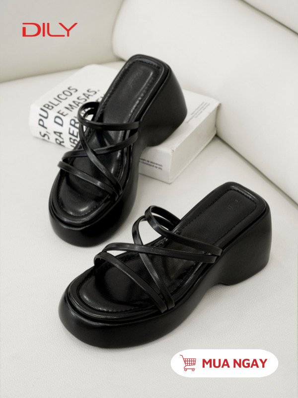 Dép bánh mì fashion quai mảnh màu đen, đế cao thanh lịch