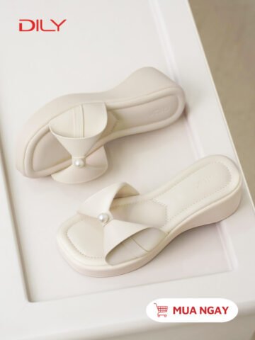 Dép bánh mì fashion quai nơ đính ngọc trai màu trắng thanh lịch