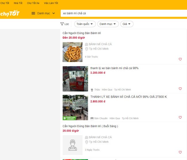 Giao diện Chợ Tốt với các loại xe bánh mì chả cá thanh lý