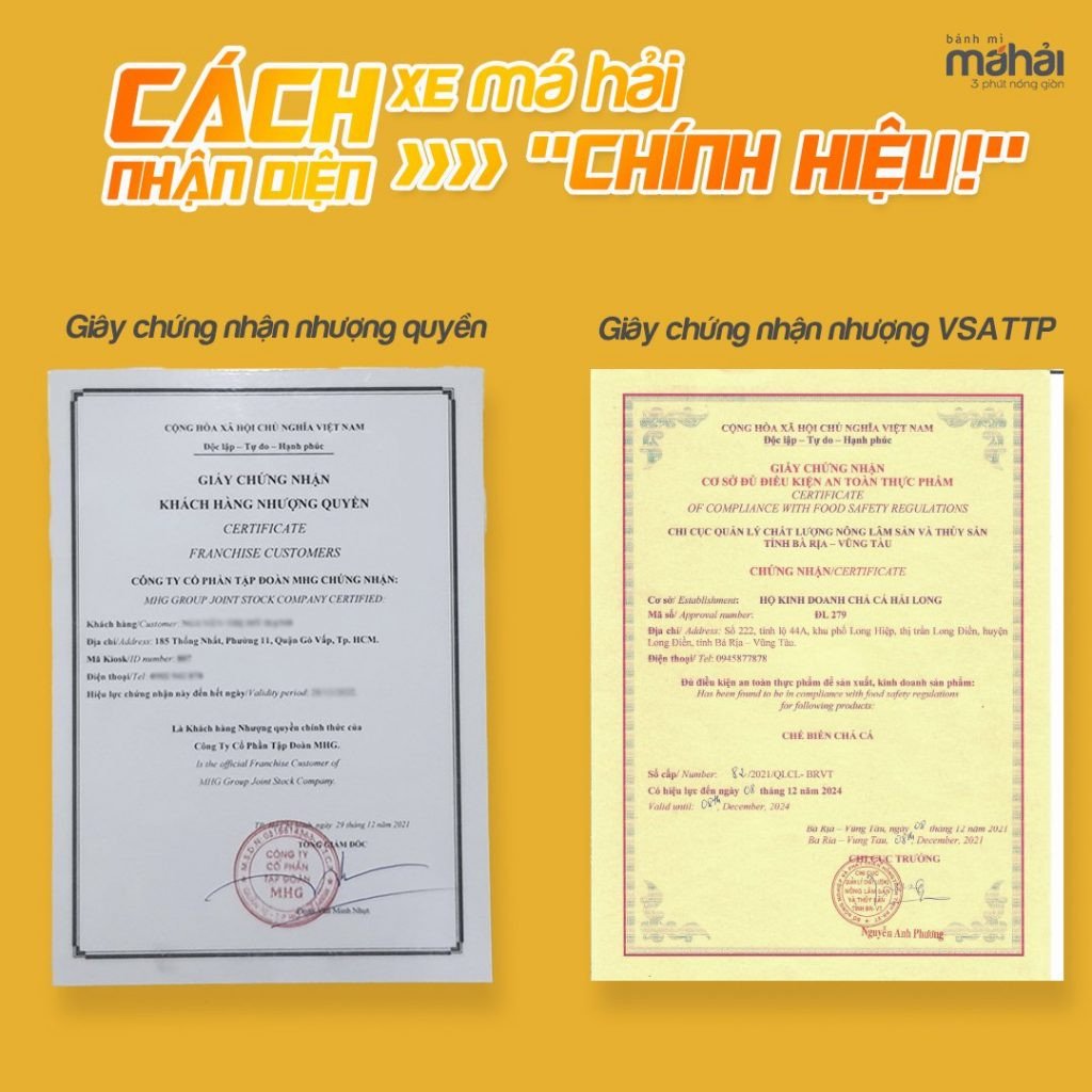 Giấy chứng nhận an toàn thực phẩm và đối tác của thương hiệu Bánh Mì Má Hải